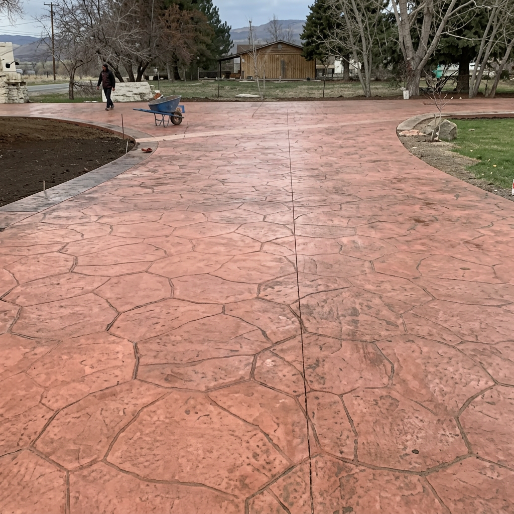 Stamped red concrete walkway
